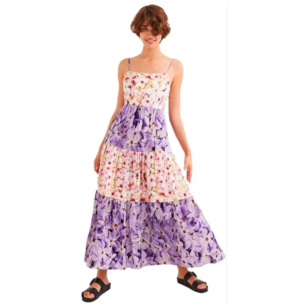 Desigual Estrella Maxi Dress Tiered Patchwork Floral Boho Purple White XL